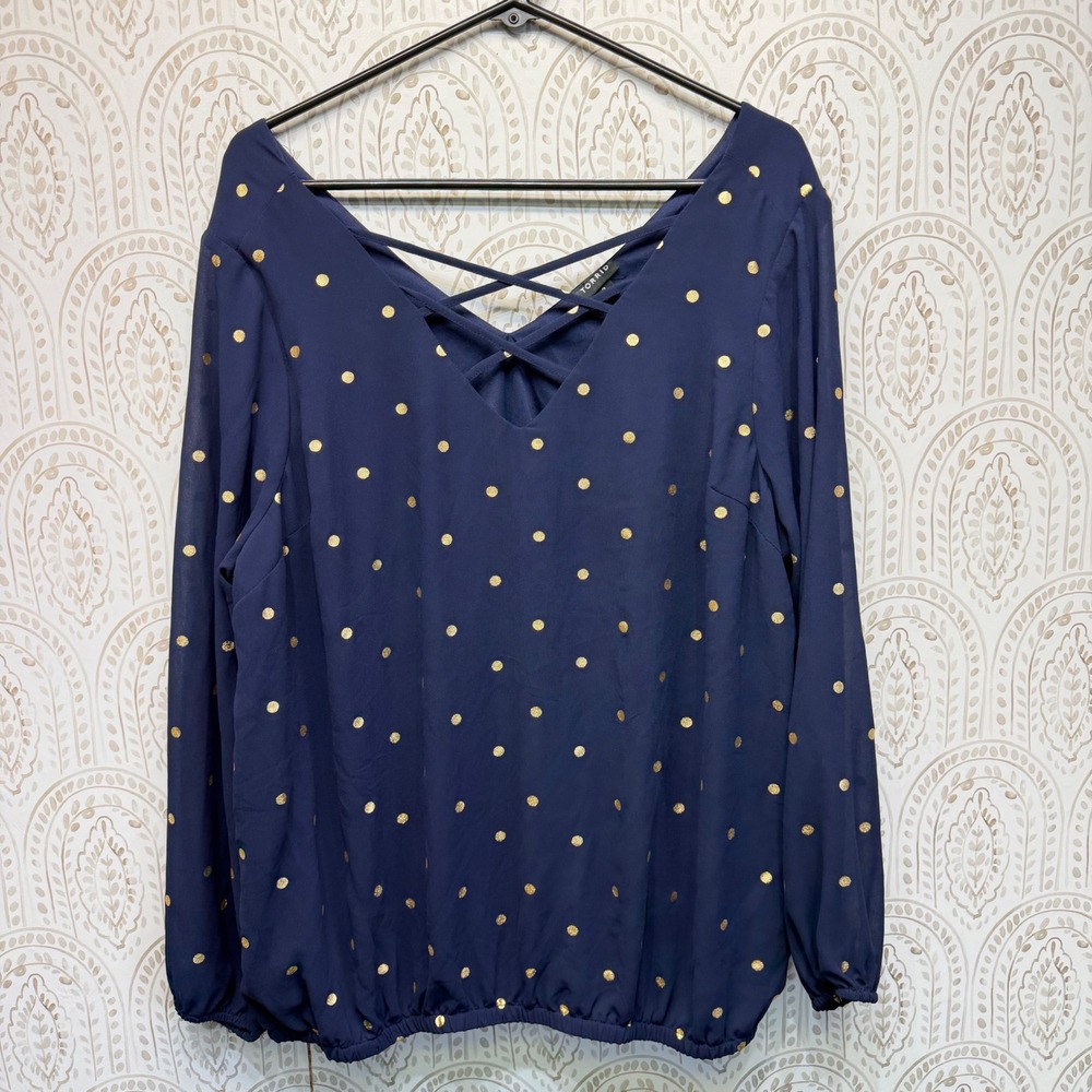 Torrid Blouse Womens 2 Navy Blue Gold Polka Dot Strappy Back V-Neck Chiffon Top